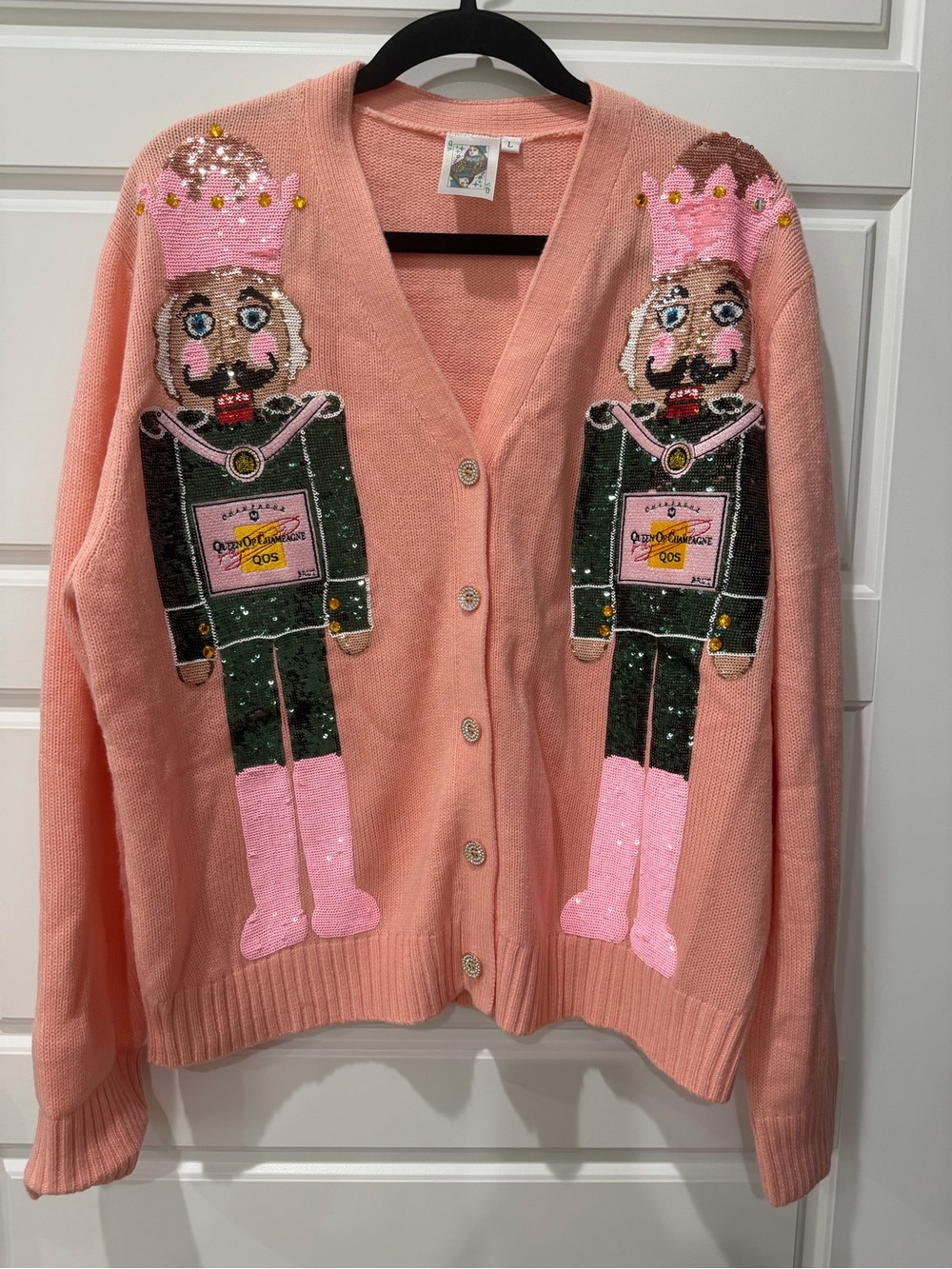 QUEEN OF SPARKLES Peach Pink Nutcracker Sequin Cardigan